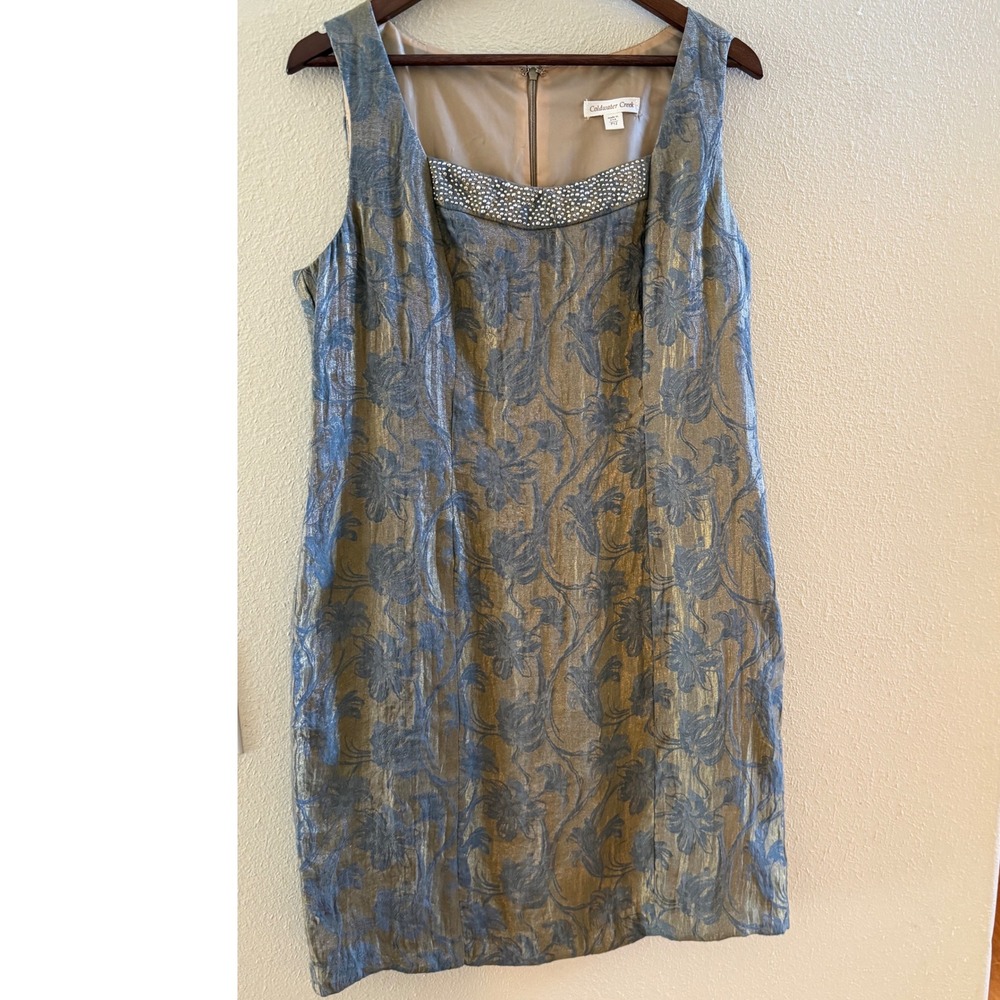 Coldwater Creek Blue Gold Floral Metallic Jacquard Beaded Sheath Dress P12